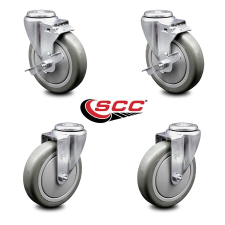 Service Caster 5 Inch Gray Polyurethane Wheel Swivel Bolt Hole Caster Set with 2 Brake SCC SCC-BH20S514-PPUB-TLB-2-S-2